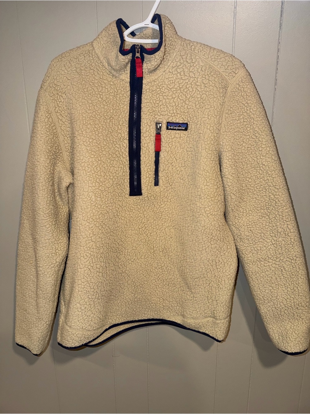Patagonia Men’s Cream Sherpa Quarter-Zip Fleece with Navy & Red Trim